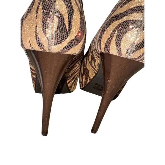 QUPID Brown/ Gold Zebra Print Rhinestone Platform Stiletto Heels Size 8 - Picture 13 of 14